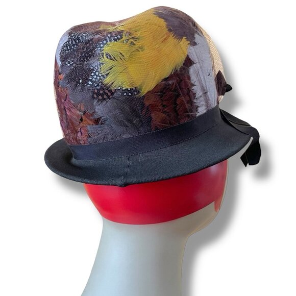 Vintage 1960s Womens Pheasant Feather Hat Angel Designs Brown Wool Dress Toque - Picture 16 of 16